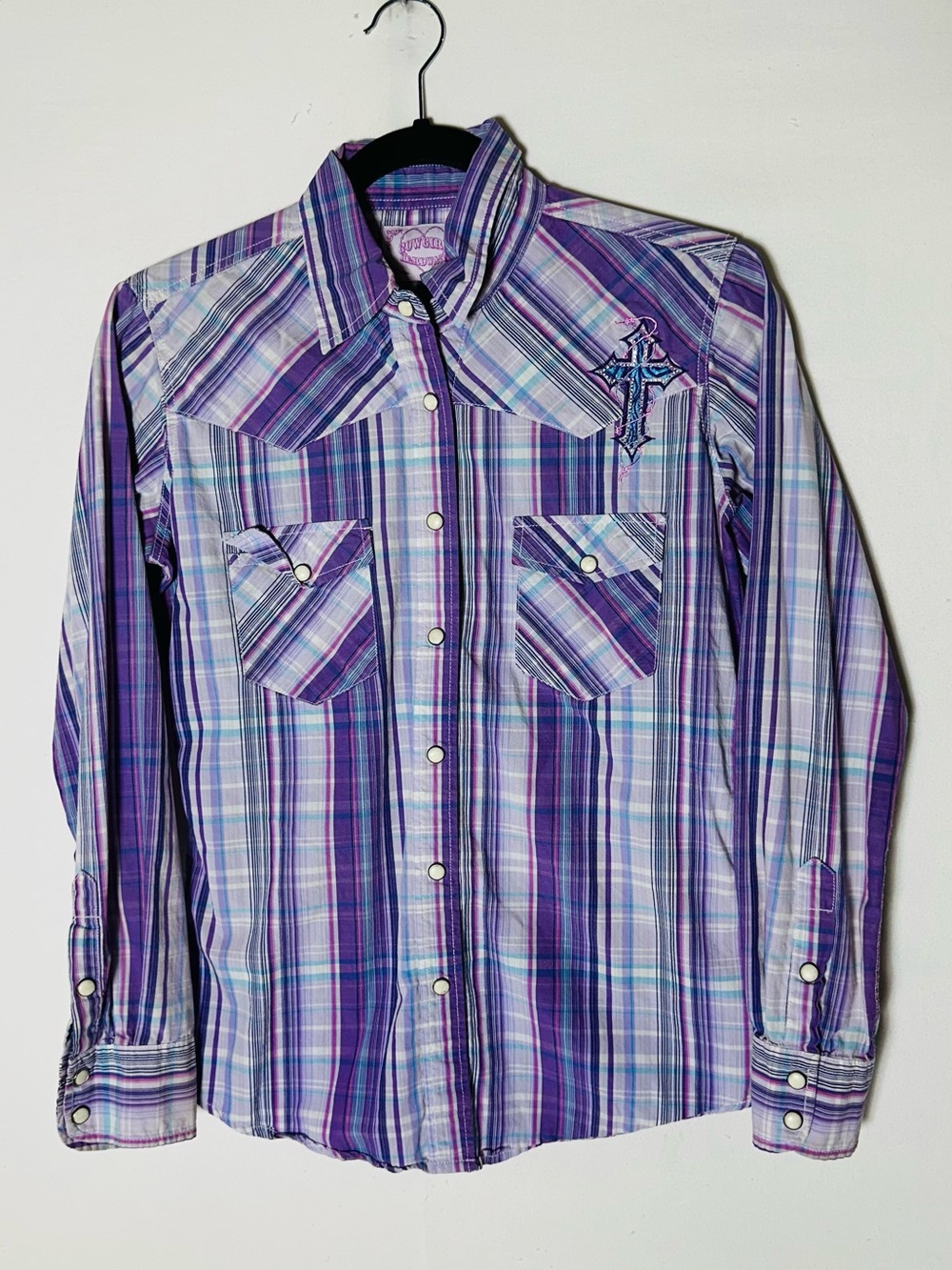 Vintage Y2K Cowgirl Hardware Purple Plaid Western Pearl Snap Top W Rhinestones S